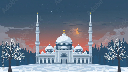 illustration of a serene snow covered mosque under a twilight sky