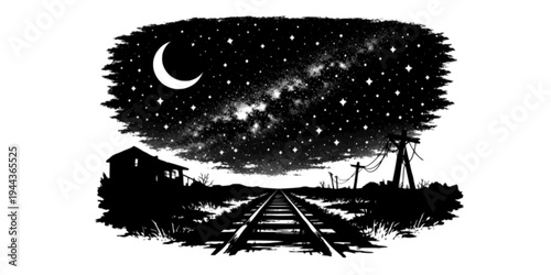 night abandoned railway landscape black and white with crescent moon and bright stars over empty tracks along dark horizon showing celestial astronomy galaxy environment