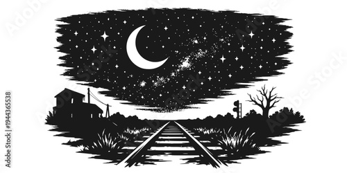 night abandoned railway landscape black and white with crescent moon and bright stars over empty tracks along dark horizon showing celestial astronomy galaxy environment