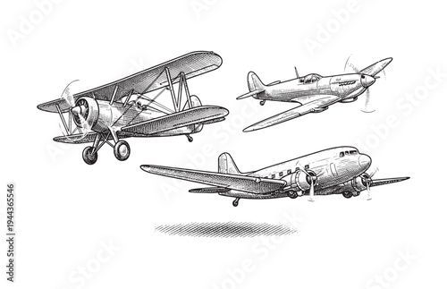 Vintage Biplane and Propeller Aircraft Sketch Aviation History Set