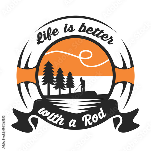 Silhouette angler fishes near trees at sunset with a rod and beautiful text