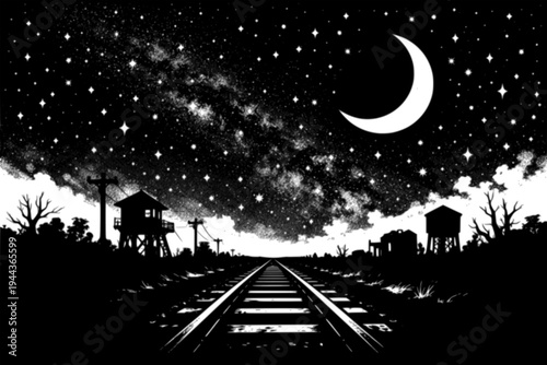 night abandoned railway landscape black and white with crescent moon and bright stars over empty tracks along dark horizon showing celestial astronomy galaxy environment