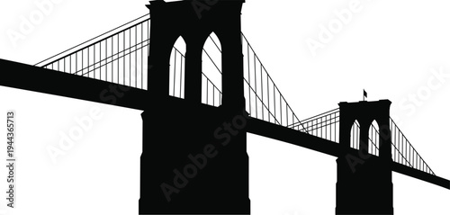 Brooklyn Bridge silhouette isolated on white background, famous New York City suspension bridge landmark architecture vector illustration