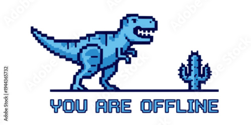 Pixel art blue T Rex standing next to a cactus with YOU ARE OFFLINE text on Transparent Background, error message icon.
