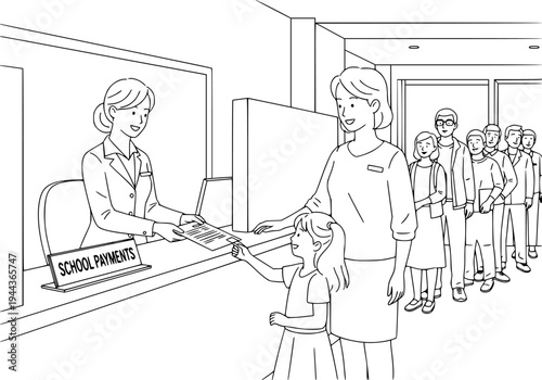 Woman Making Bank Transaction With Child.