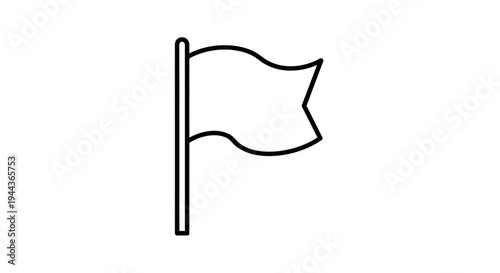 Waving Flag Icon on Pole, Simple Outline Design, Isolated on White Background