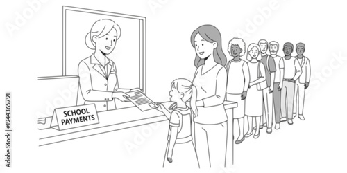 Woman Making Bank Transaction With Child.