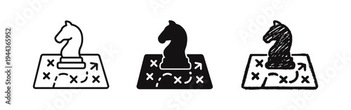 Chess Knight Strategy Icon Set - Tactical Thinking and Game Plan Symbols in Outline, Solid, and Doodle Styles