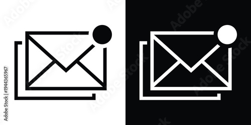 Minimalist outline icon of a mail envelope with a notification dot in the corner. Vector illustration presented in black and white versions for email alerts and digital messaging apps.