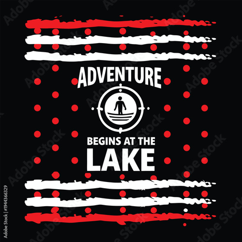 White adventure slogan featuring a boat icon and red accents against the black backdrop