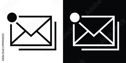 Minimalist outline icon of a mail envelope with a notification dot in the corner. Vector illustration presented in black and white versions for email alerts and digital messaging apps.
