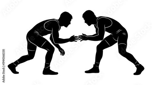 Dynamic silhouette illustration of two male wrestlers engaged in an intense combat stance, representing competition, strength, and athletic challenge in a minimalist graphic style