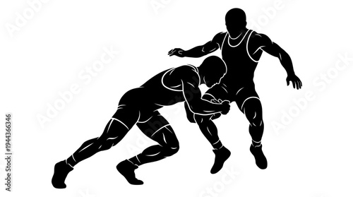 Dynamic silhouette illustration of two powerful male wrestlers engaged in a competitive grapple, showcasing strength and skill in a combat sport