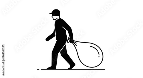 Thief carrying a sack of loot, criminal activity, stealthy burglar icon, illustration