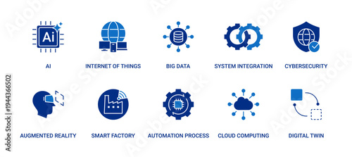 Business Transformation icon set containing AI, IoT, big data, system integration, cybersecurity, augmented reality, smart factory, automation process, cloud computing and digital twin vector icons