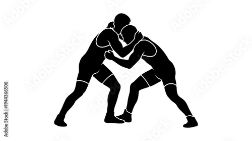 Silhouetted illustration of two male wrestlers engaged in a powerful grapple, capturing the intensity and athleticism of the sport, perfect for a strong visual representation of competitive wrestling