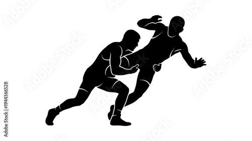 Dynamic silhouette illustration of two male wrestlers engaged in a powerful grapple, emphasizing strength, agility, and competitive combat sports