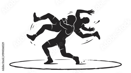 Dynamic illustration of two male wrestlers grappling intensely, showcasing athletic prowess and the competitive spirit of combat sport in a stylized silhouette