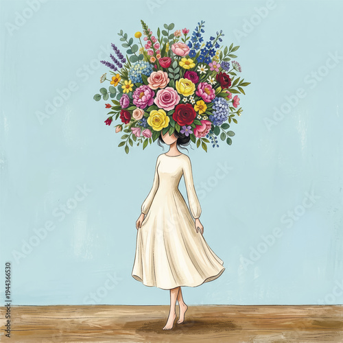 Whimsical and surreal artwork of a barefoot woman with a blossoming bouquet for a head. A metaphor for a beautiful mind, creativity, and positivity. Vector illustration