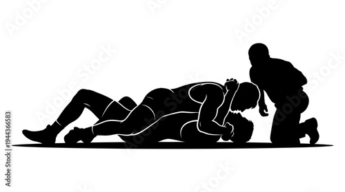 Silhouette illustration of two athletes engaged in a wrestling match with a coach observing from a kneeling position