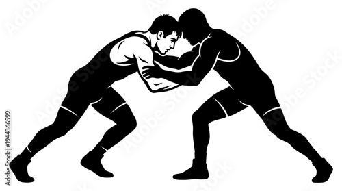 Two wrestlers in a close grappling match, one silhouetted, demonstrating the intense physical struggle and strategy of the sport