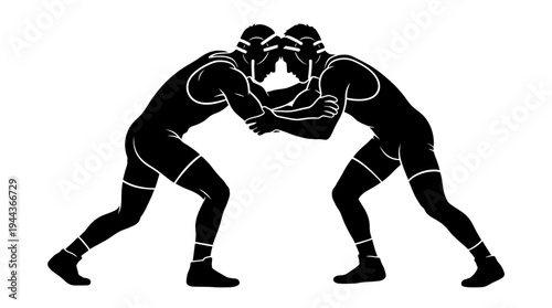 Dynamic silhouette illustration of two wrestlers locked in a powerful grappling match, symbolizing strength, competition, and the intense spirit of combat sports