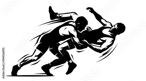Illustration of two wrestlers in action, showcasing the dynamic movement and intensity of the sport through bold black and white graphics