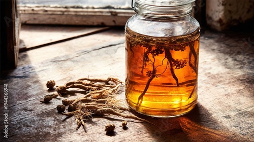 angelica. A rustic glass jar of amber herbal liquor with angelica root on a wooden surface. bar promotions, beverage menus, designed for food & beverage menus and cafe branding, used by ux designers.