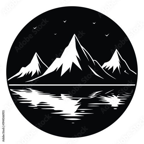 Monochromatic Minimalist Mountain Landscape at Night isolated on White Background