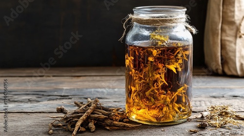 angelica. A rustic glass jar of amber herbal liquor with angelica root on a wooden surface. bar promotions, beverage menus, designed for food & beverage menus and cafe branding, used by ux designers.
