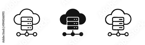 Cloud server network icon set with servers and nodes, illustrating data computing and infrastructure technology