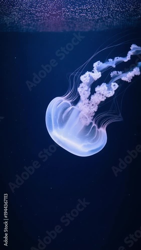 Glowing translucent jellyfish with trailing tentacles and tentacle clusters drift bioluminescent translucent bell deep sea blue water, ethereal