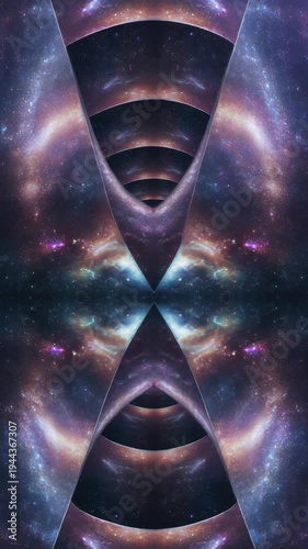 Cosmic infinity mirror reflecting endless galaxy tunnel with glowing nebula and starfield spiral layers of stars and nebula reflecting into symmetry