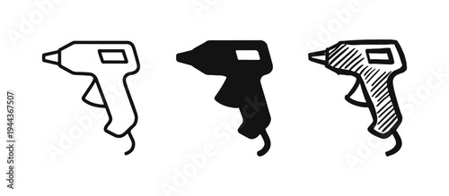 Hot glue gun icon set, representing crafting tool, DIY adhesive equipment, and creative hobby supplies