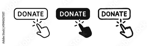 Donate button icon set with clicking hand, symbolizing charity, giving, and online fundraising support