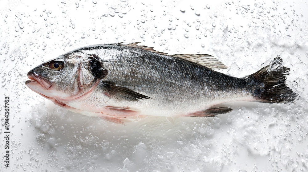 Obraz premium seabass. Fresh whole sea bass on ice, emphasizing freshness and quality in seafood. menu design, packaging mockups, designed for food delivery and cloud-kitchen brand materials.