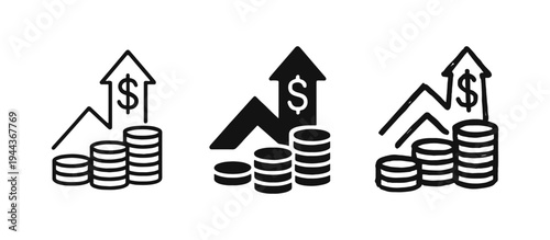 Financial growth icon set, showing money increase, profit charts, and economic business investment