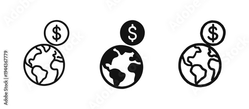 Global economy icon set, depicting worldwide finance, international business, and monetary investment