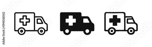 Ambulance Icons Set. Emergency Medical Service and Healthcare Transport Symbols.
