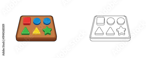 Educational cartoon wooden shape sorter puzzle toy for toddlers in bright primary colors and linear outline style represents early childhood development on white background