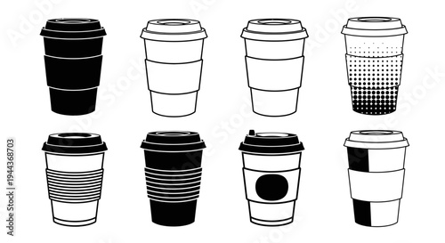 Set of eight black and white vector disposable coffee cups with lids and sleeves featuring various patterns and textures
