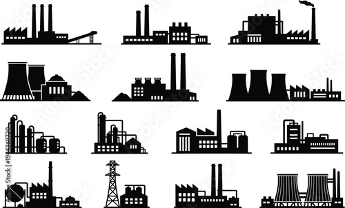 Industrial factory and power plant silhouettes collection isolated on white background, manufacturing industry buildings vector icon set