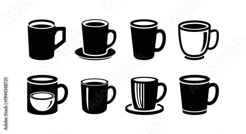 Assortment of eight black and white coffee mugs and cups featuring diverse shapes and designs ideal for various hot drinks