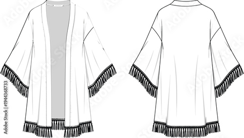 Cad drawing flat vector illustration of a fringe trim kimono cardigan technical fashion sketch for apparel design and tech packs.