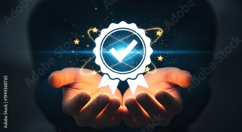 Hands holding glowing checkmark with stars white