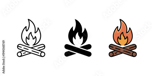 Three different styles of campfire illustrations with varying levels of flame intensity Vector