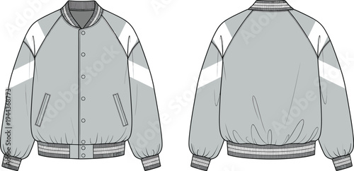 Varsity bomber jacket technical fashion flat sketch, cad drawing flat vector illustration, front and back views, ribbed trim, raglan sleeves.