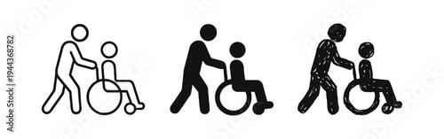Disabled Care Icons. Person Pushing Wheelchair, Medical Assistance and Support Symbol Set.