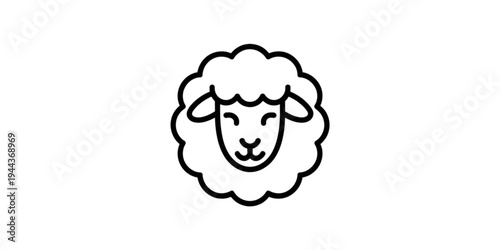 A simple line drawing of a sheep's face with a fluffy wool coat surrounding it. Vector