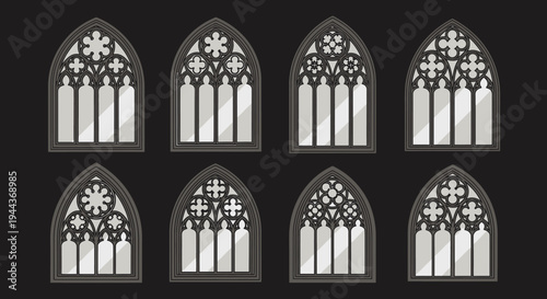 Set of Gothic Arch Windows with Ornate Design on Dark Background